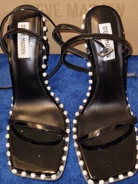 Steve Madden Black Patent Strappy Heels with Crystal Trim